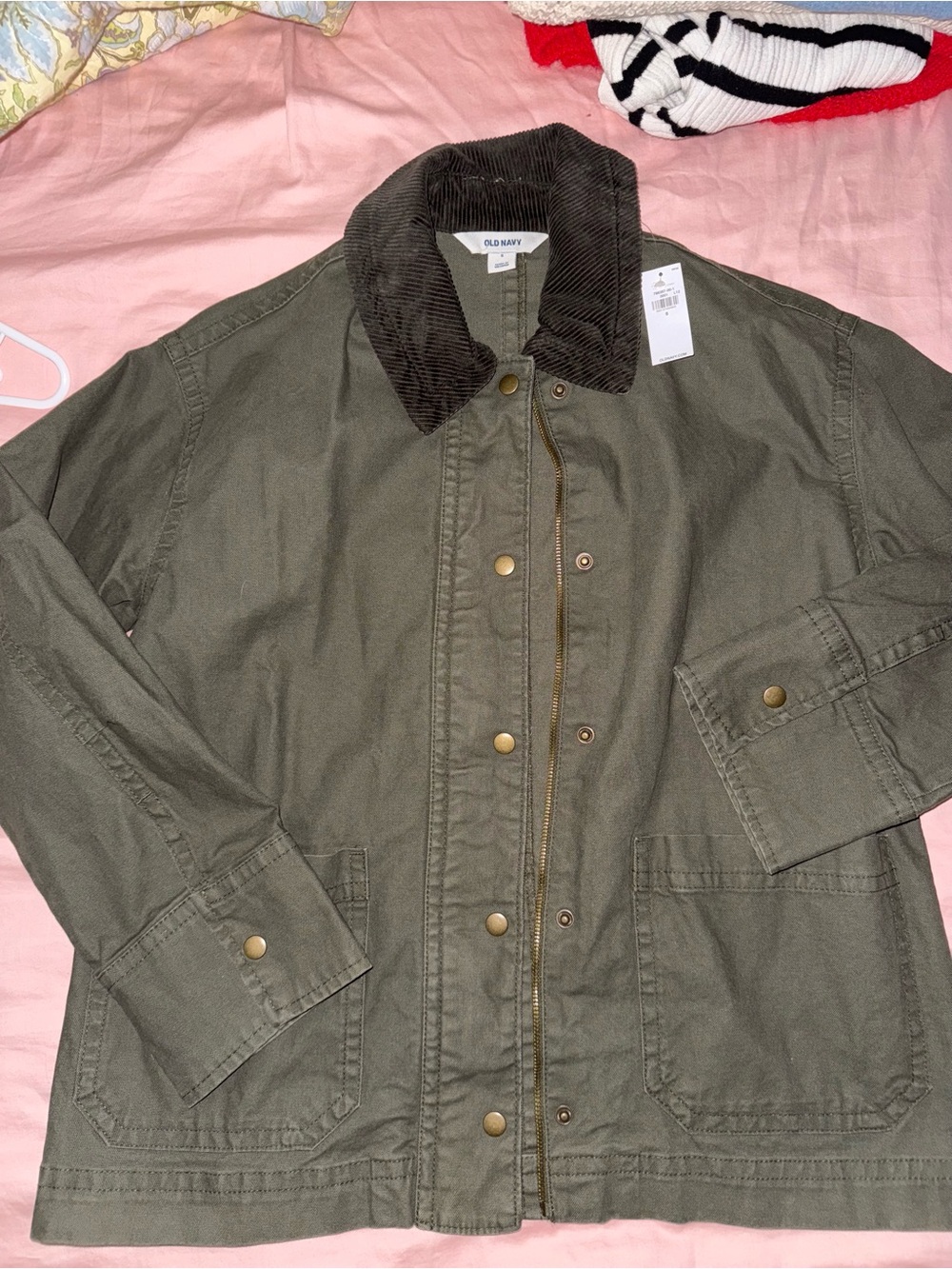 Old Navy Olive Green Utility Jacket with Dark Brown Corduroy Collar